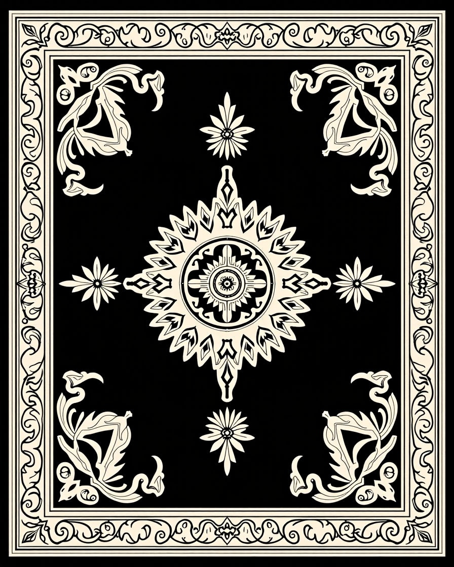 Black Cream Floral Mandala Pattern Rug