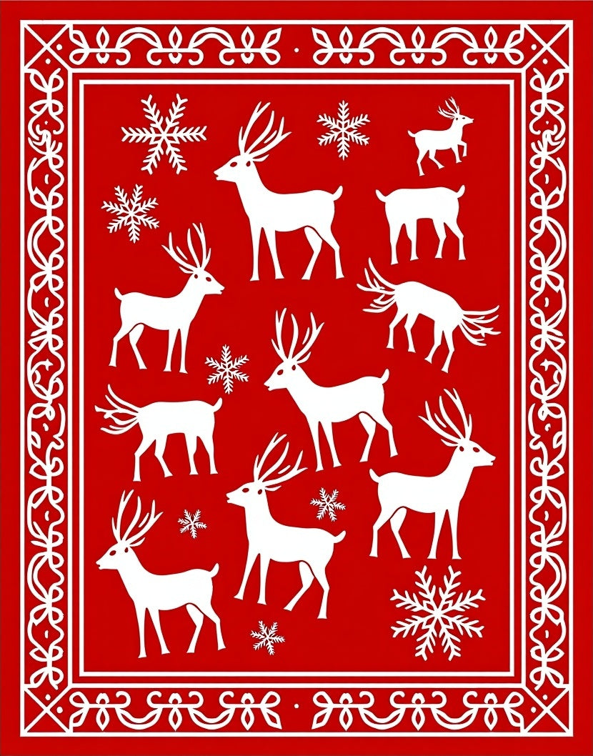 Red White Deer Snowflake Festive Border Rug