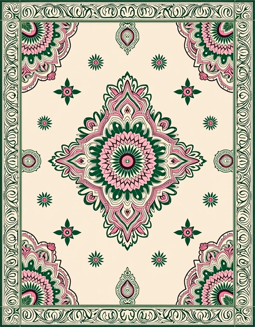 Pink Green Mandala Floral Border Rug