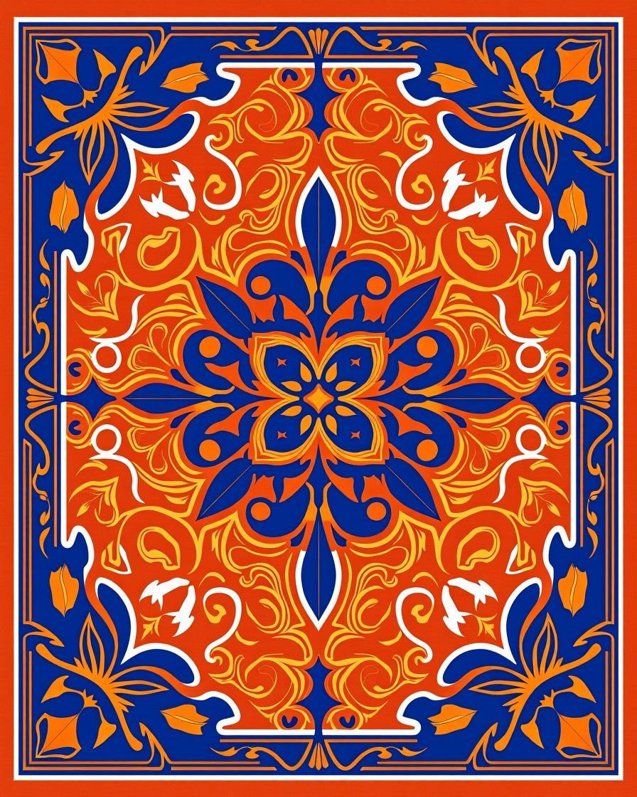 Vibrant Orange Blue Floral Medallion Rug