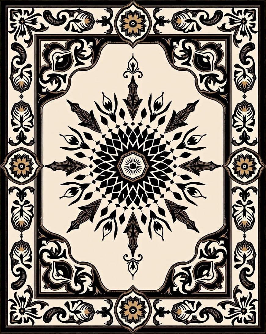 Ornate Black Gold Floral Mandala Rug
