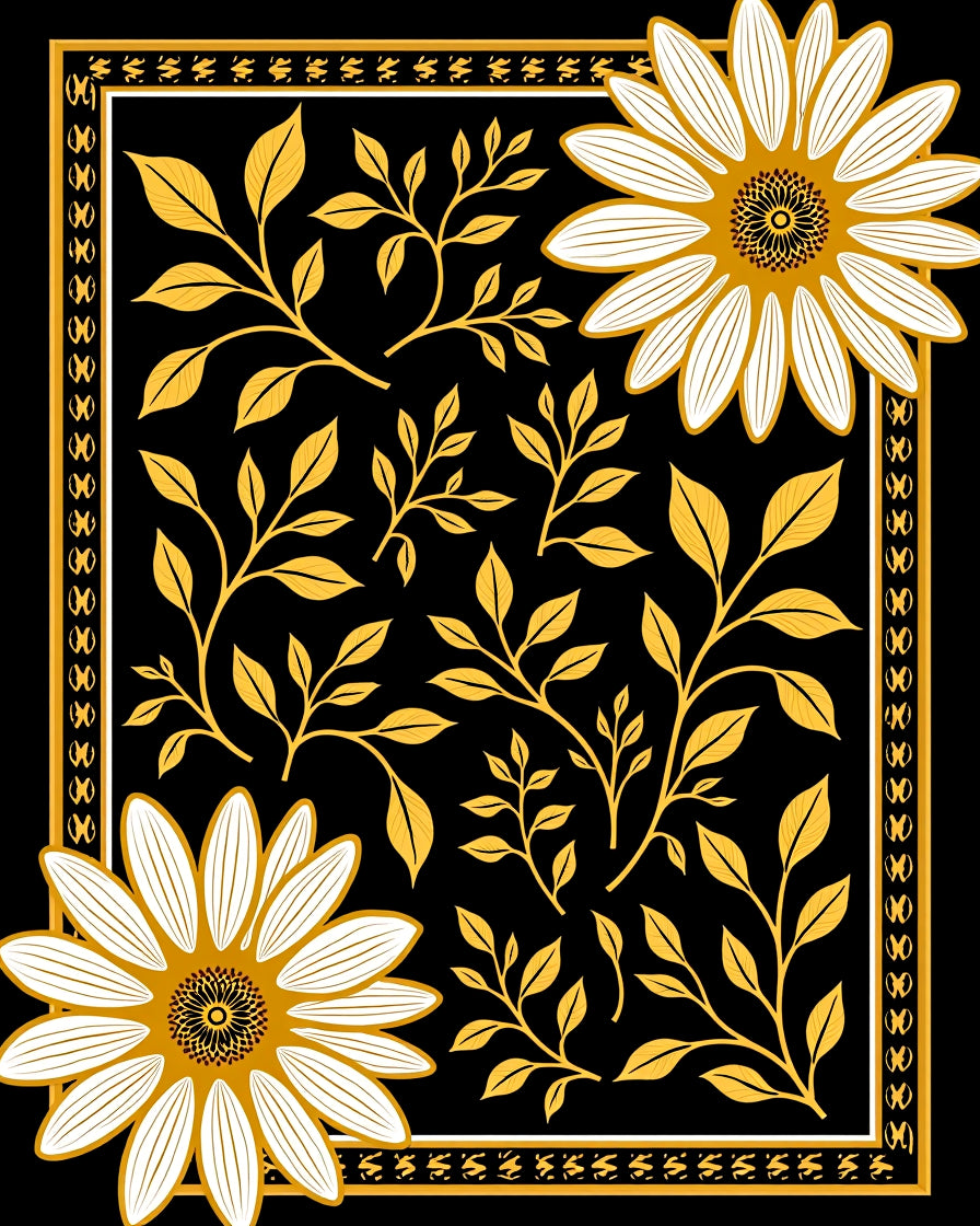 Golden Floral Vines And Daisy Pattern Rug