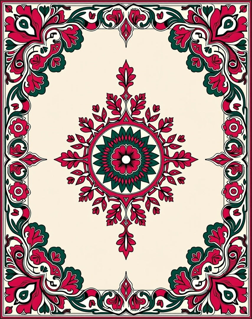 Intricate Floral Crimson Emerald Design Rug