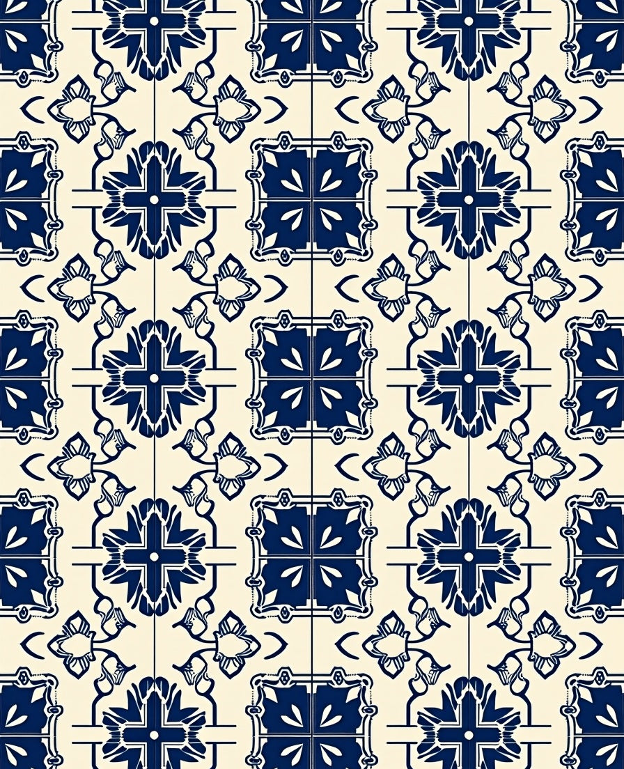 Classic Blue Floral Tile Pattern Rug