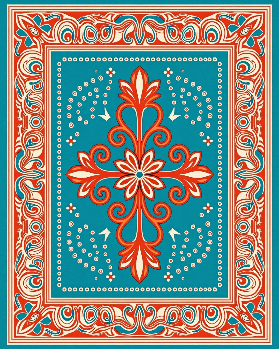 Bold Floral Scrollwork Teal Orange Rug