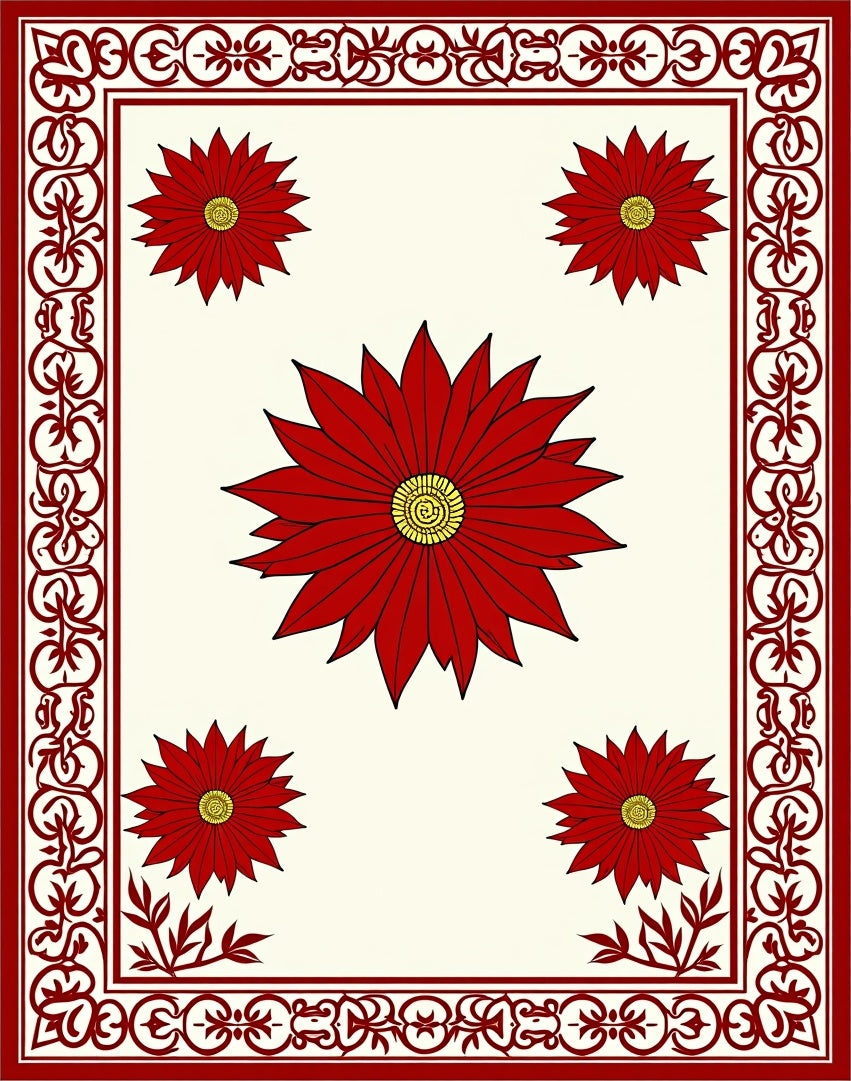 Deep Red Floral Border Cream Rug