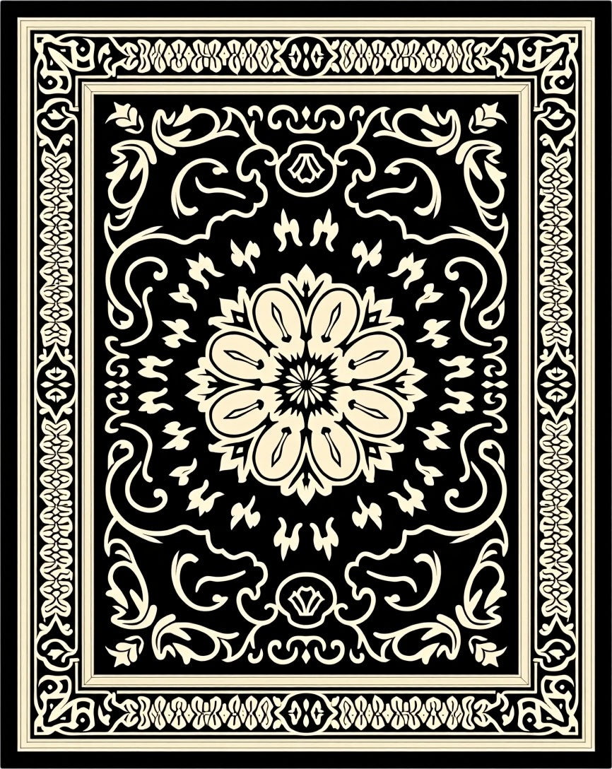 Black White Ornate Floral Rug