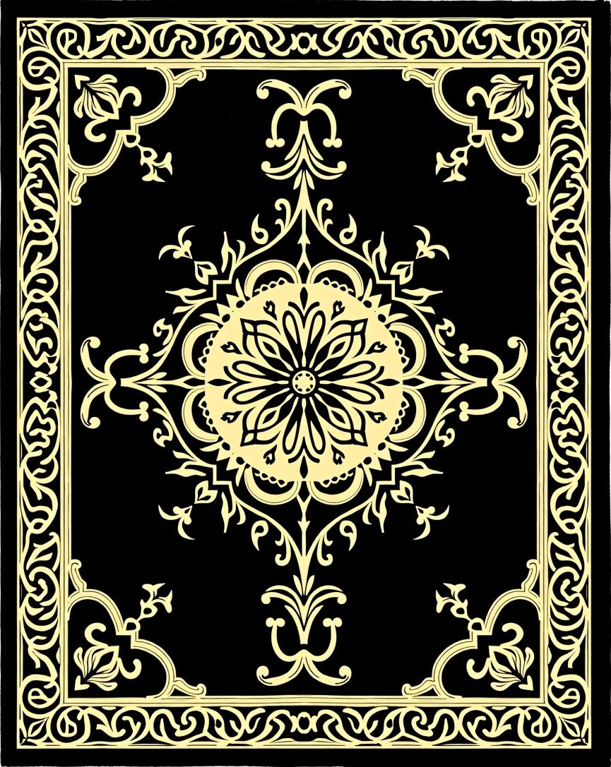 Black Gold Floral Scrollwork Medallion Rug