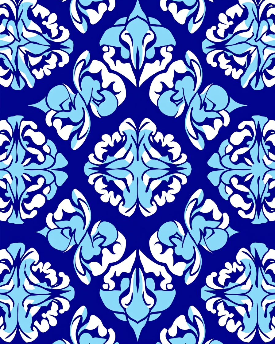 Bold Blue White Floral Pattern Rug