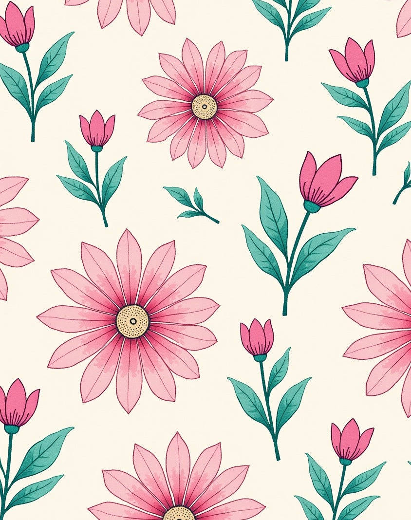 Pink Floral Pattern with Green Leaves Rug