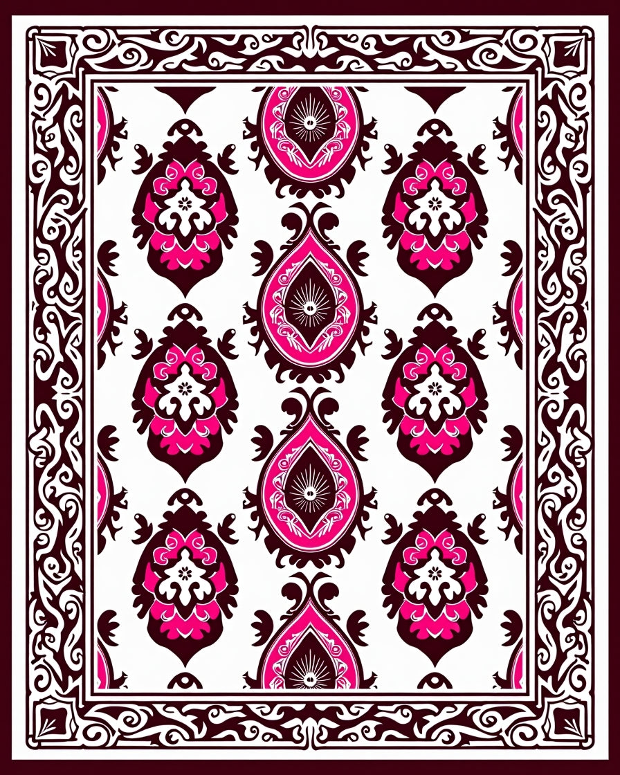Rich Pink and Burgundy Damask Pattern Rug