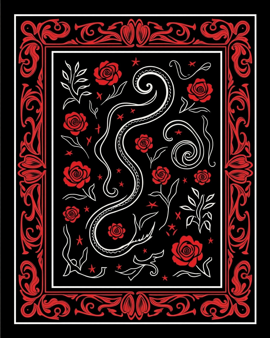 Bold Red Rose Snake Swirl Design Rug