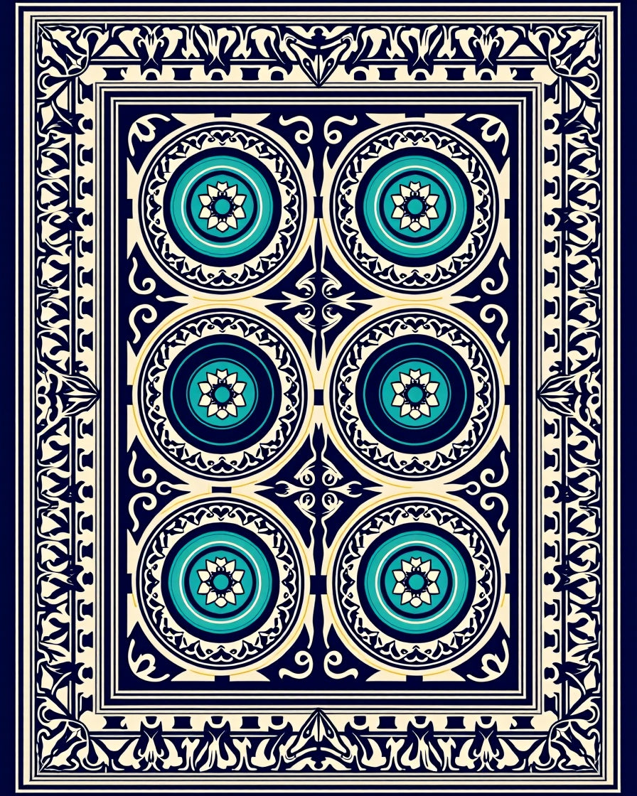 Intricate Blue Gold Medallion Pattern Rug