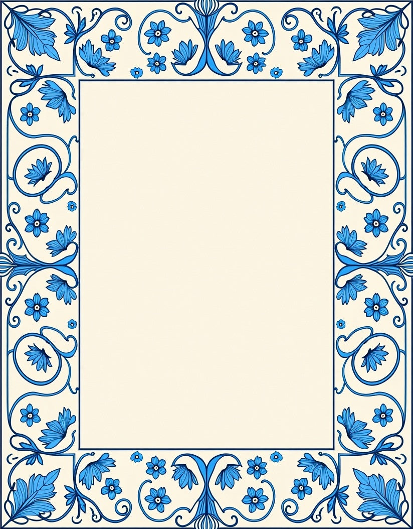 Blue Floral Swirl Border Pattern Rug