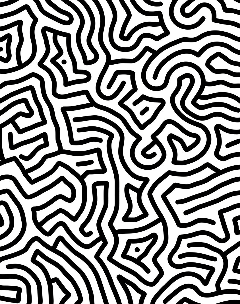 Black White Organic Maze Pattern Rug