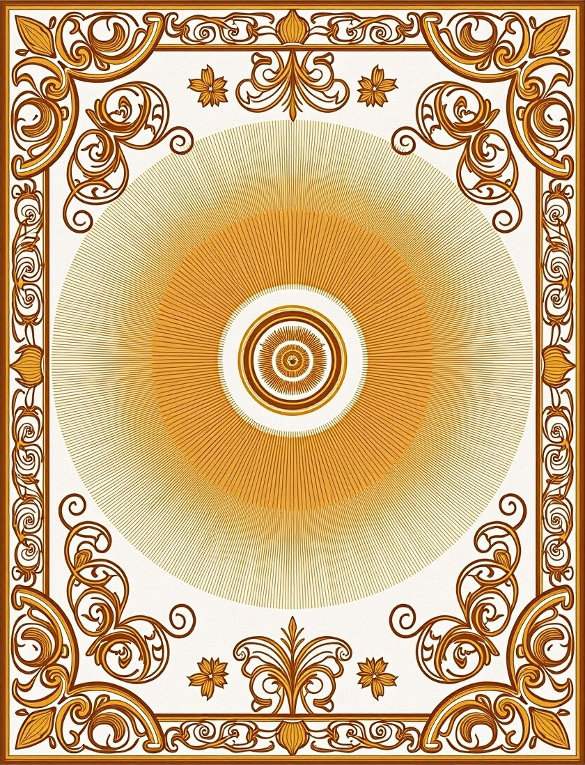 Golden Sunburst Ornate Scrollwork Rug