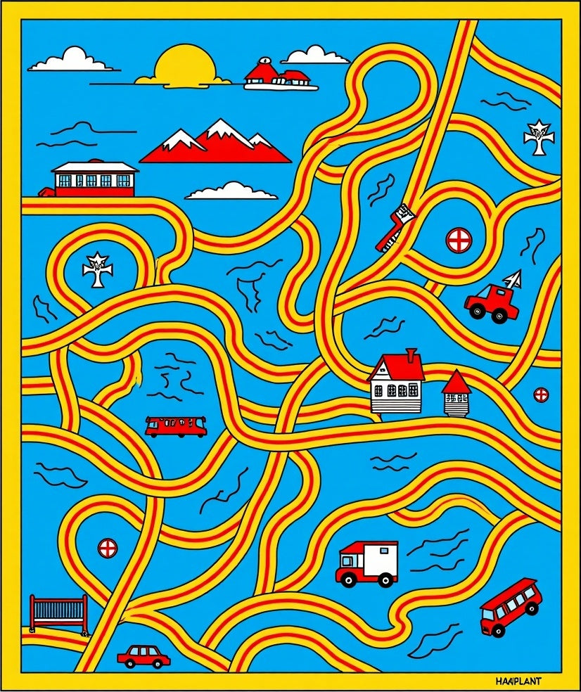 Whimsical Red Yellow Abstract Landscape Rug