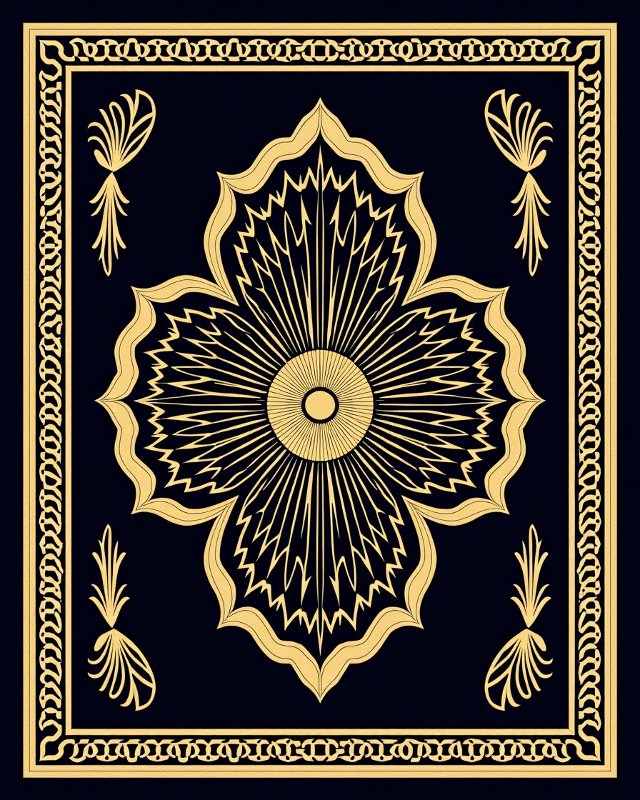 Black Gold Floral Scroll Design Rug