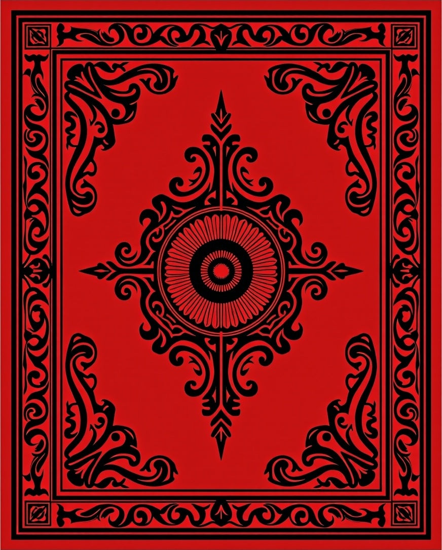 Bold Black Scrollwork Red Rug