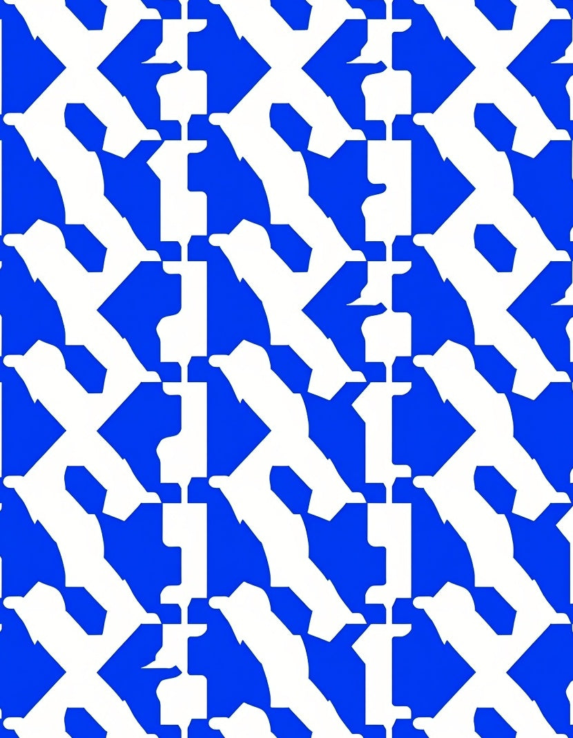 Bold Blue White Interlocking Geometric Pattern Rug