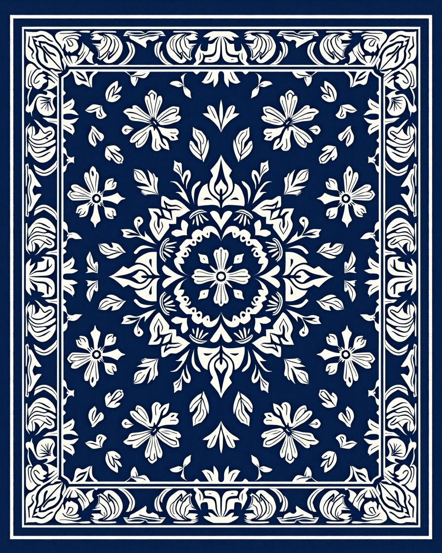 Classic Navy Floral Mandala Design Rug