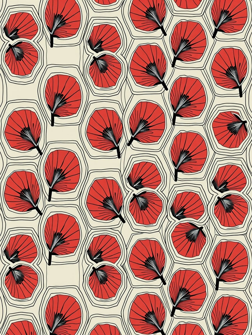 Red Fan Pattern Geometric Design Rug