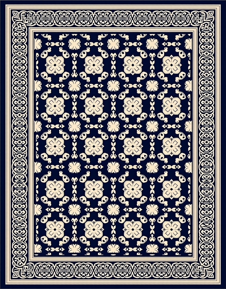 Classic Navy Floral Border Pattern Rug