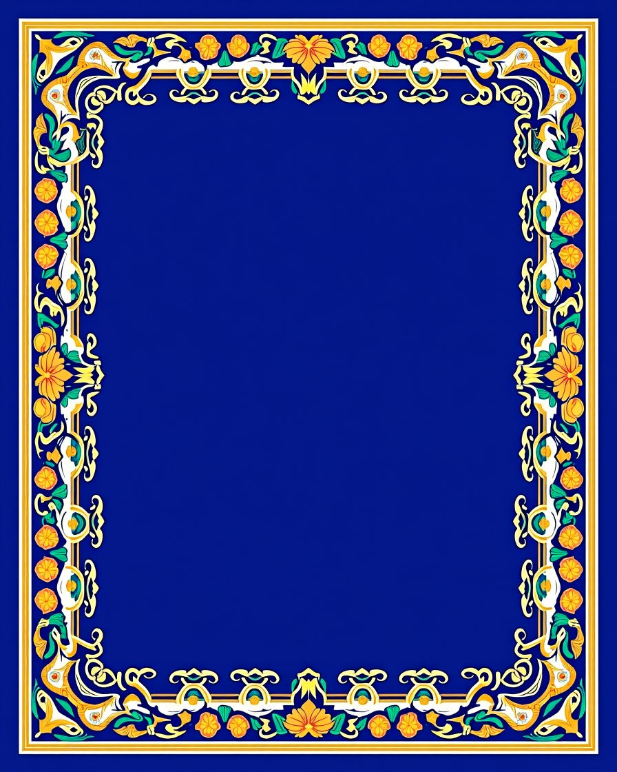 Ornate Blue Floral Border Design Rug