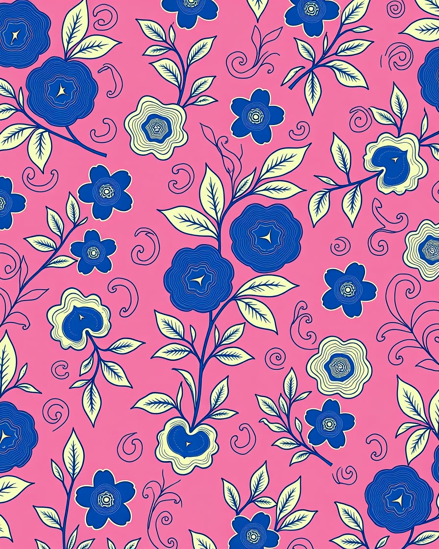 Vibrant Blue Floral Swirl Pink Rug