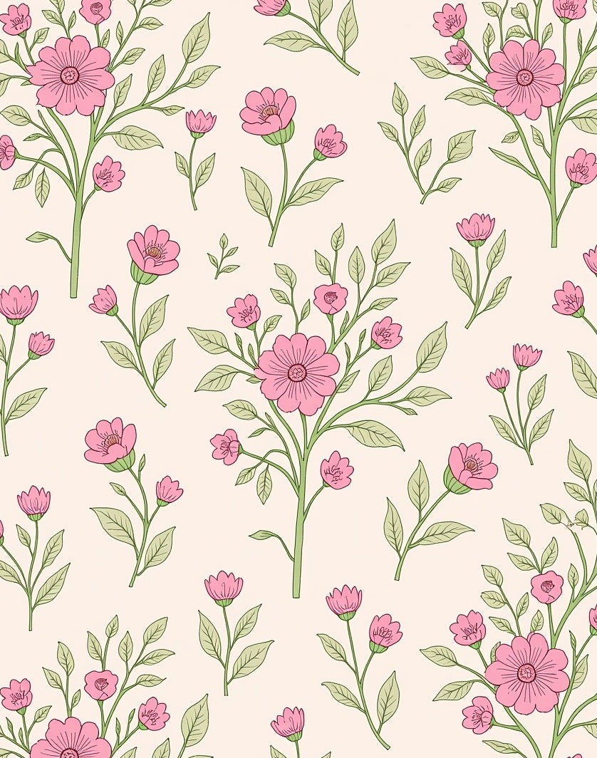 Pink Floral Branches With Green Leaves Rug