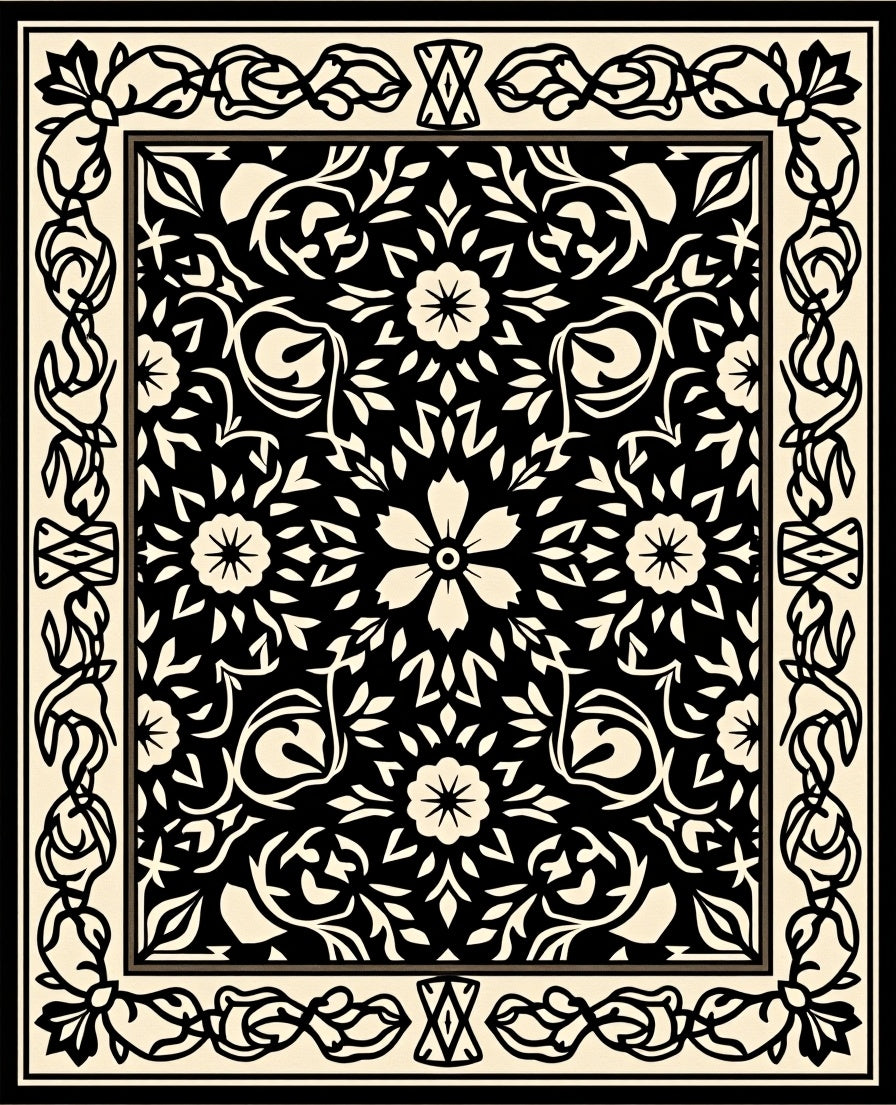 Elegant Black Floral Intricate Design Rug