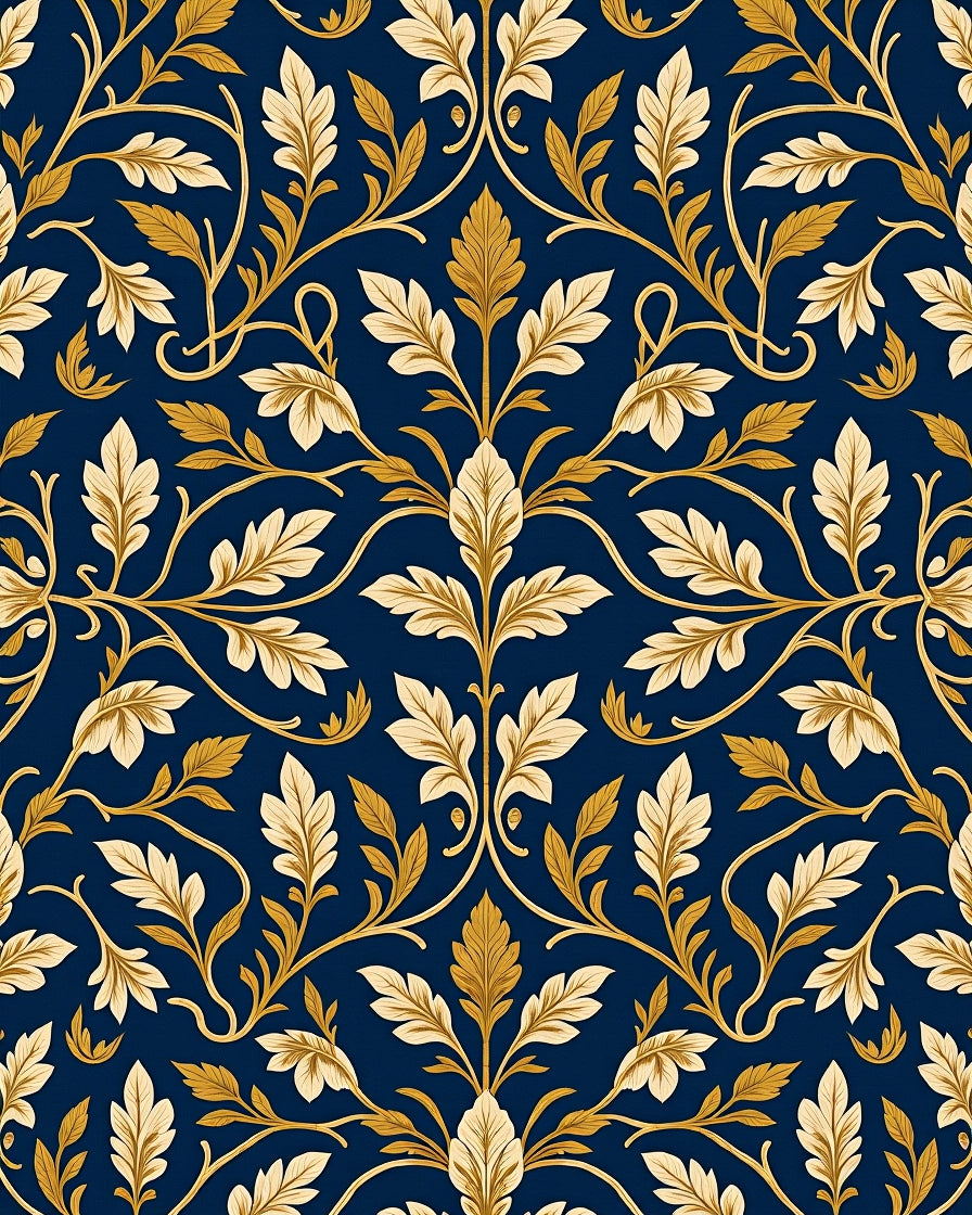Ornate Gold Leaf Damask Pattern Rug