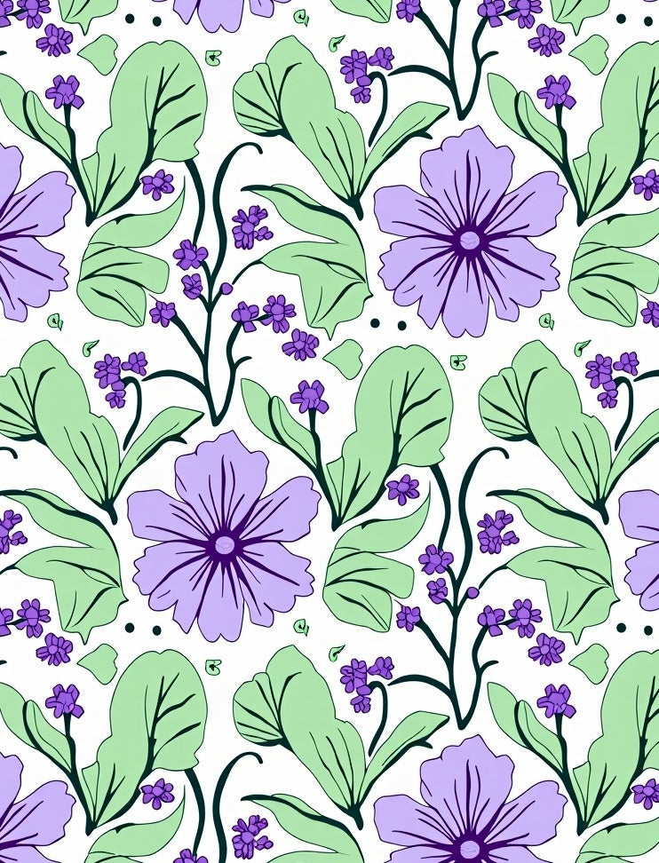Purple Flower Pattern with Green Leaves Rug