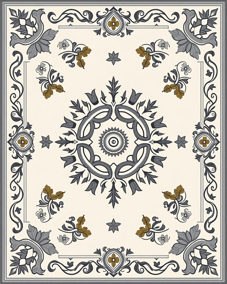 Ornate Floral Medallion Gray Gold Rug