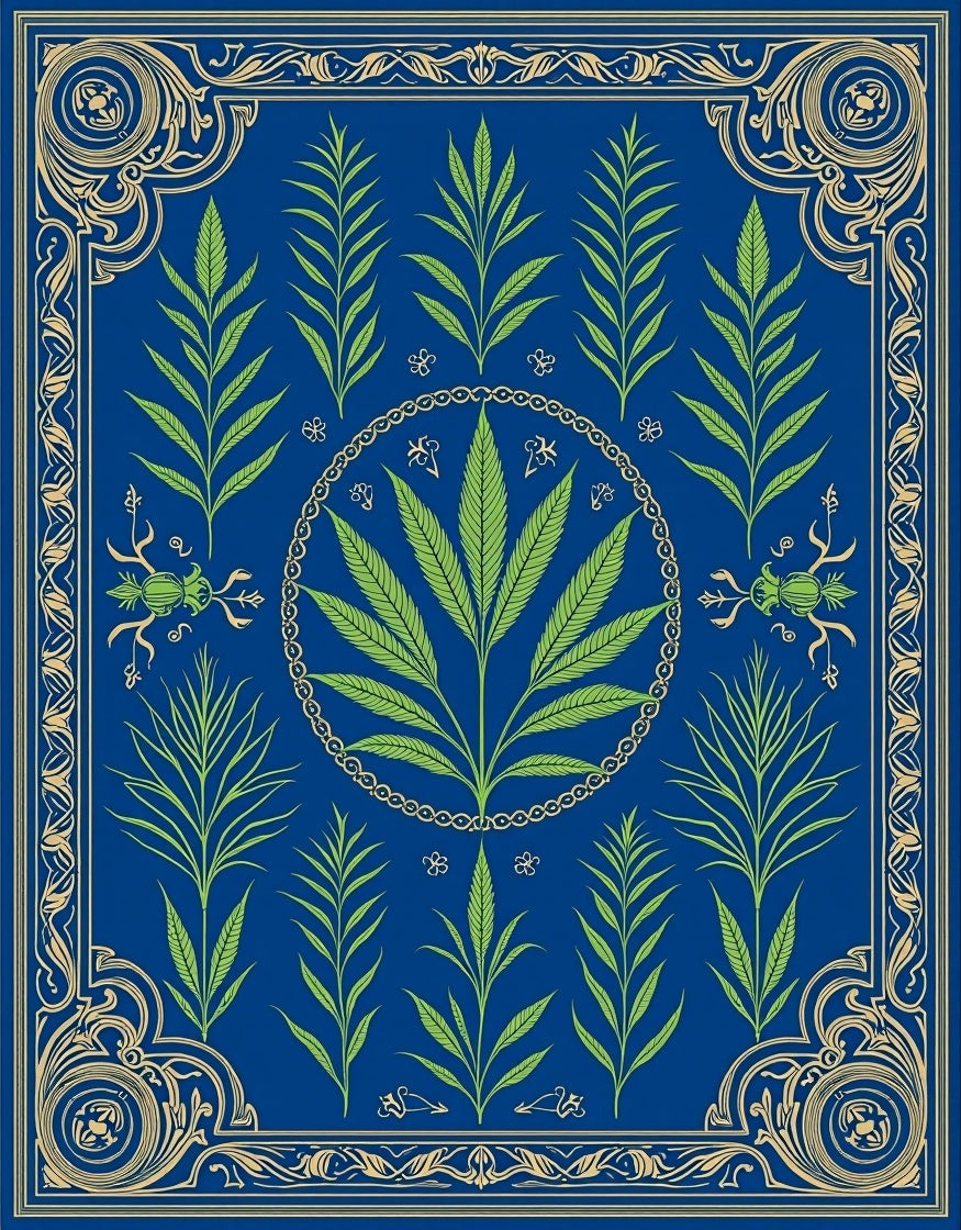 Royal Blue Green Leaf Ornate Border Rug