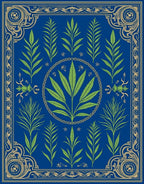 Royal Blue Green Leaf Ornate Border Rug