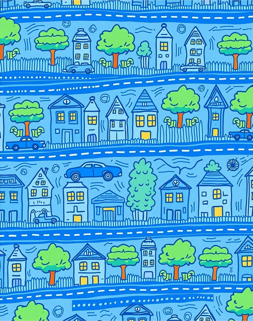Whimsical Houses With Trees Pattern Rug