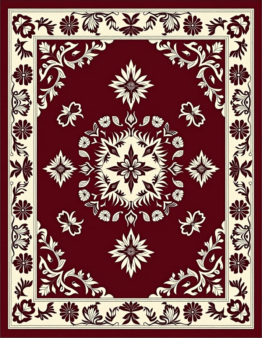 Elegant Floral Medallion Cream and Burgundy Rug