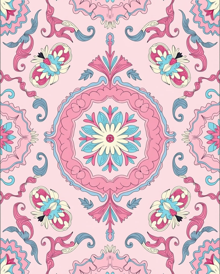 Pastel Pink Floral Medallion Swirl Rug