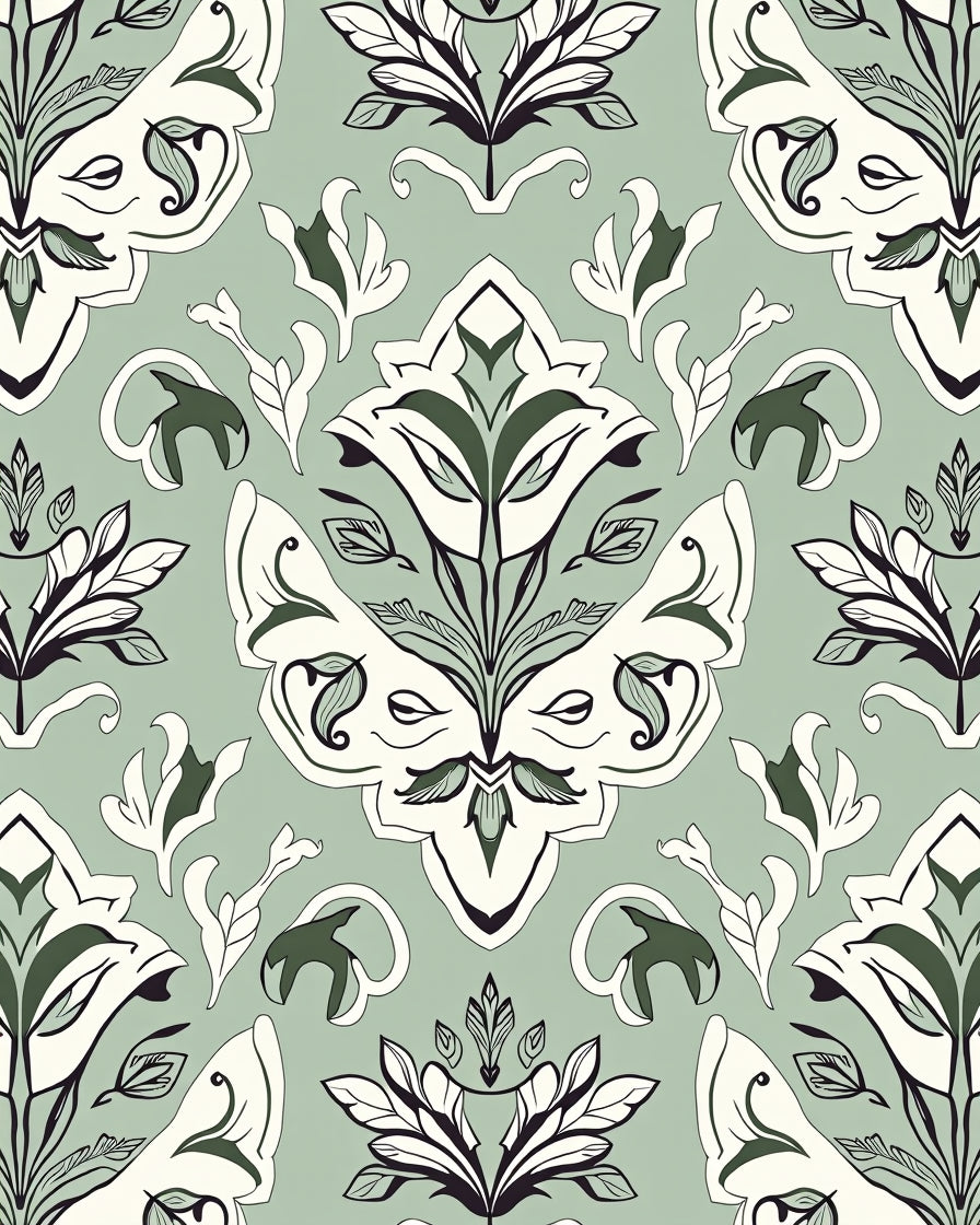 Pale Green Floral Damask Pattern Rug