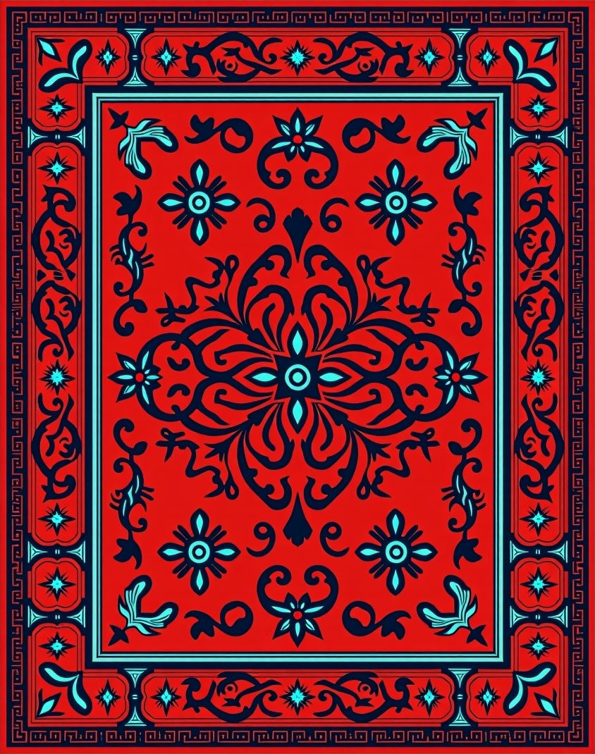 Intricate Red Blue Floral Pattern Rug