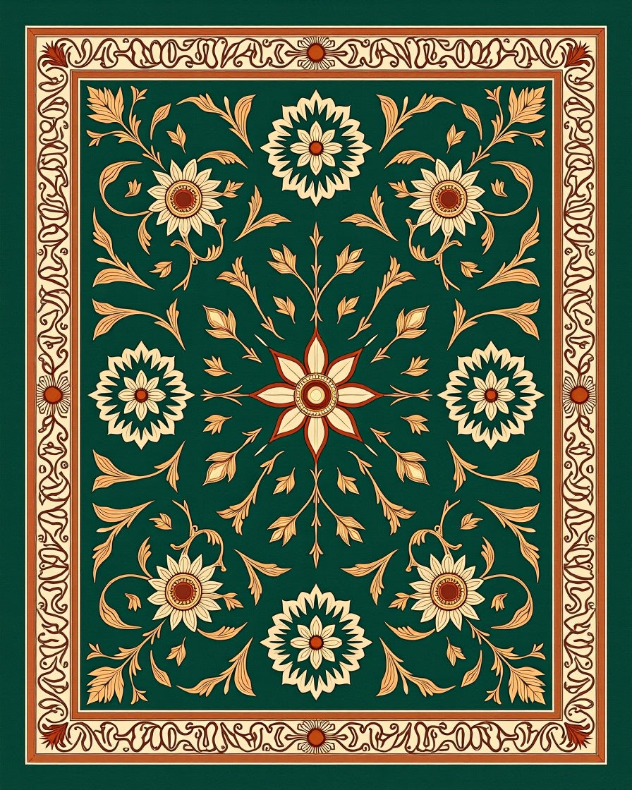 Emerald Green Floral Medallion Border Rug