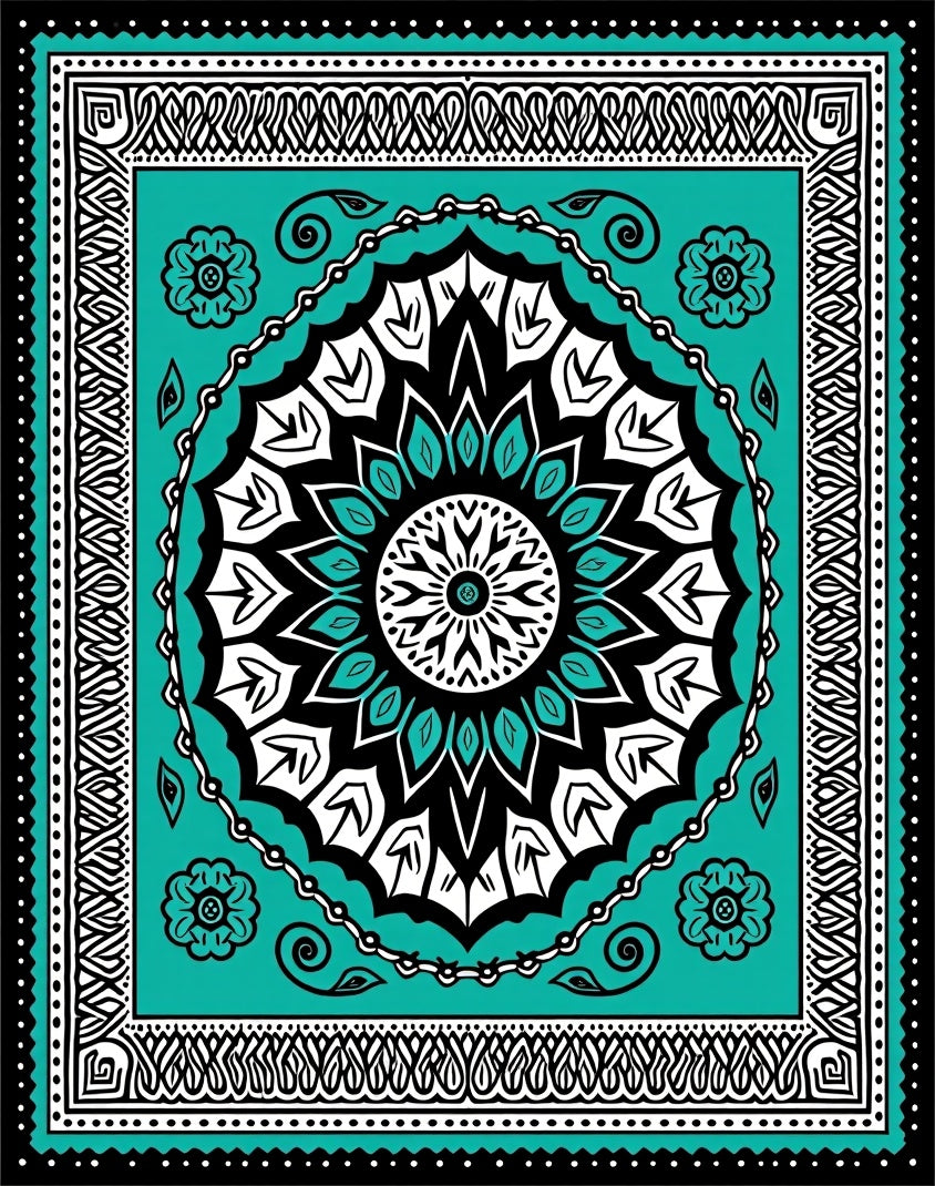 Teal Black Floral Mandala Rug