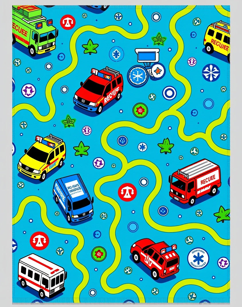 Bright Blue Rescue Vehicles Fun Scene Rug