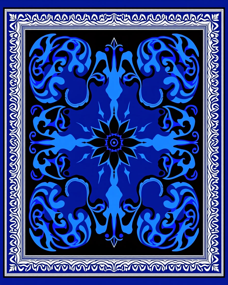 Bold Blue Black Abstract Floral Design Rug