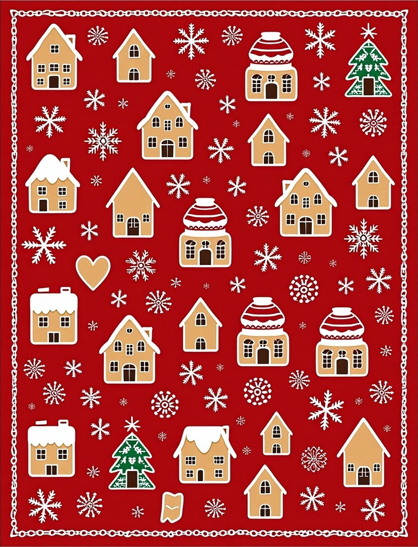 Festive Red Gingerbread Houses Snowflakes Rug