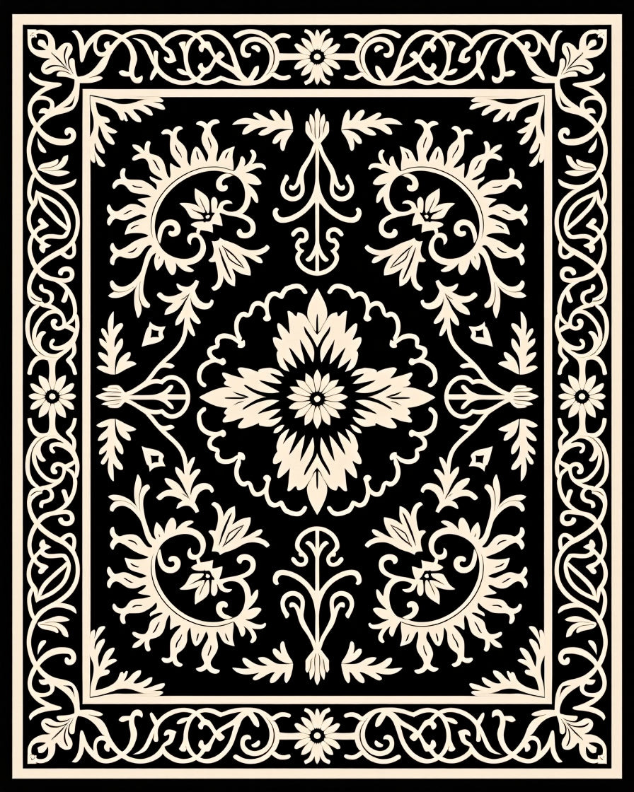 Intricate Floral Black Ivory Ornamental Rug