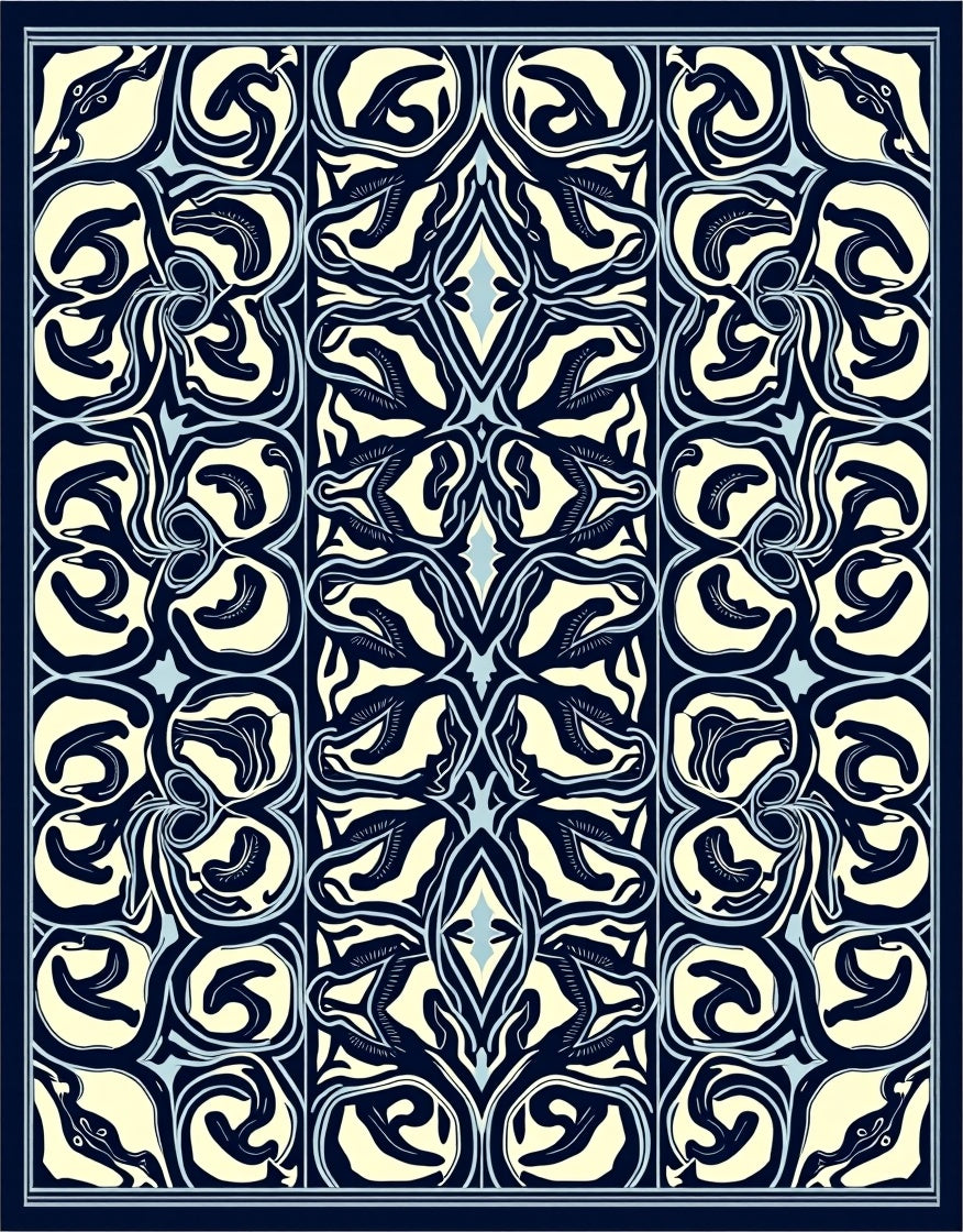 Symmetrical Ivory Blue Floral Pattern Rug