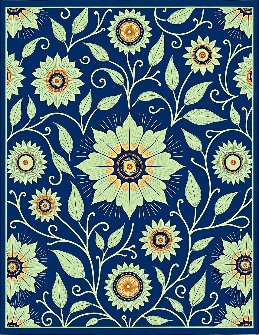 Deep Blue Floral Vine Accents Rug