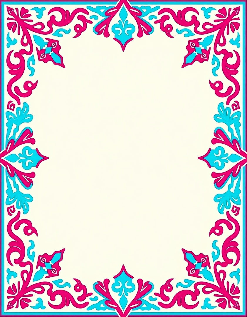 Vibrant Pink Cyan Floral Scroll Border Rug